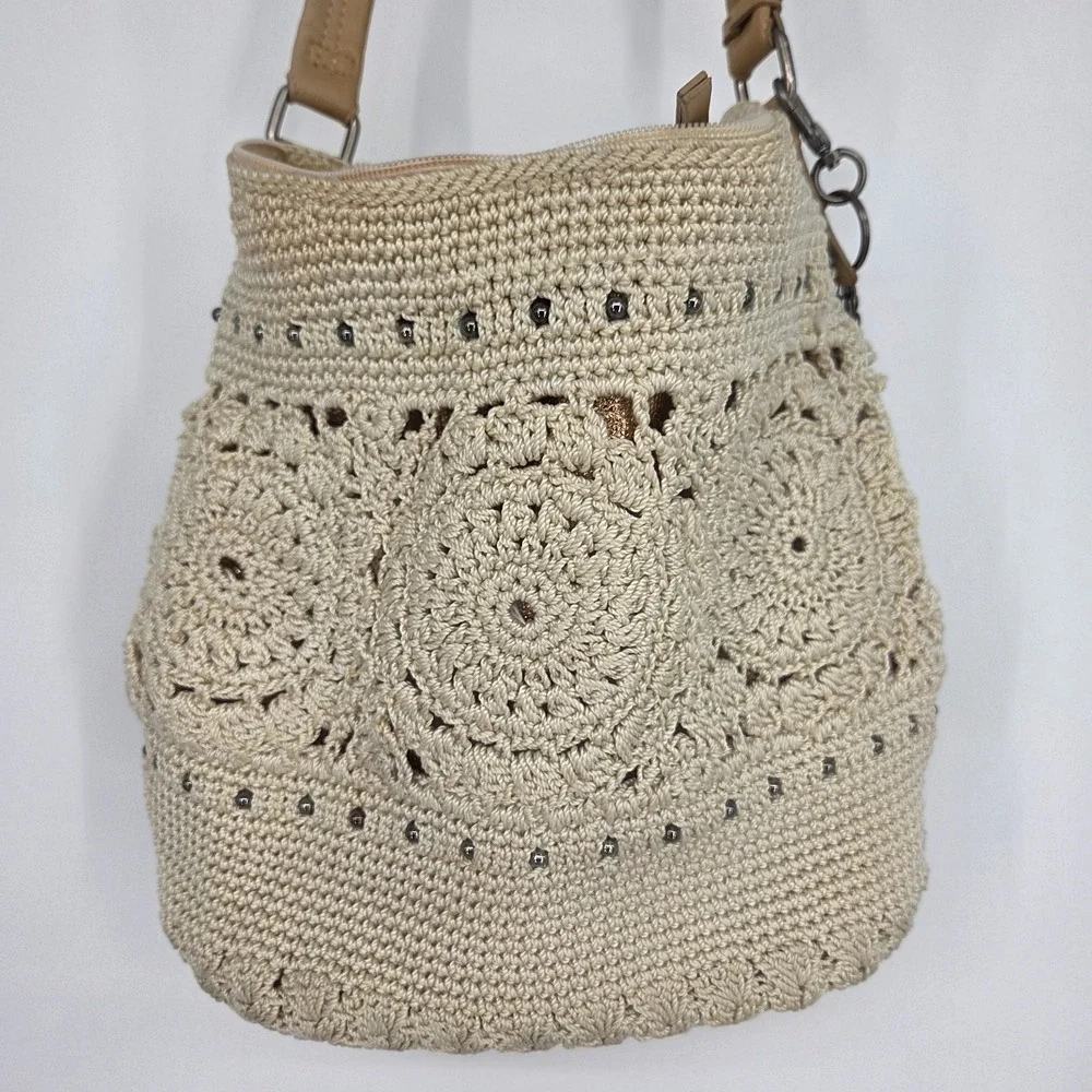 The Sak Sequoia Hobo Hand Crochet Natural Medallion Boho Shoulder Bag Charms